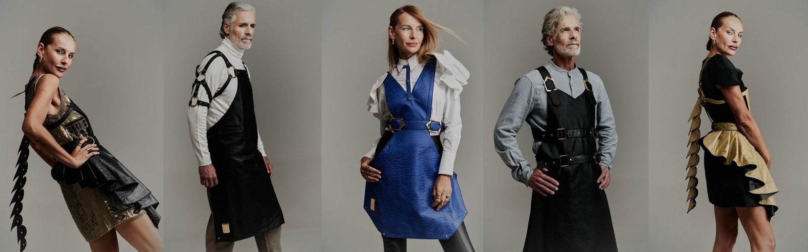 Five luxury leather aprons wearby men and women