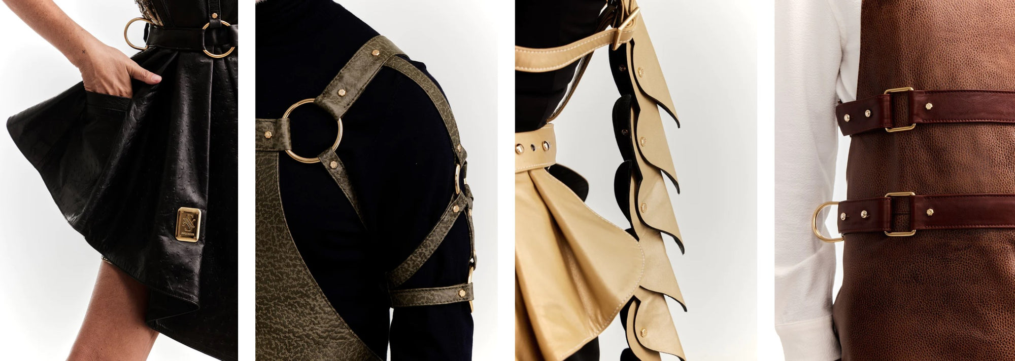 Four pictures of leather Aprons with zoom on features