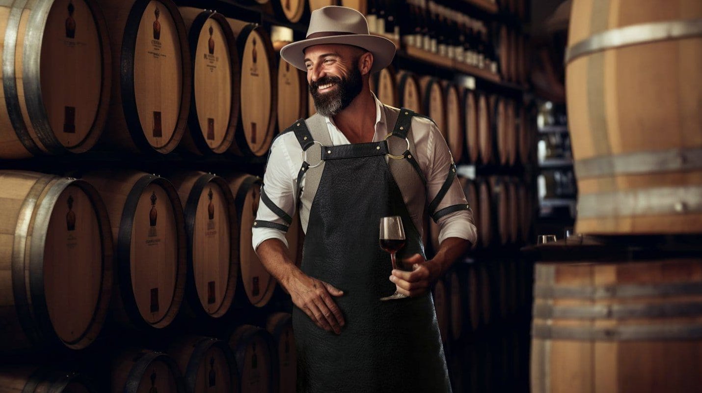 Eskandur Luxury Leather Apron Best Apron with wine in winery sommelier