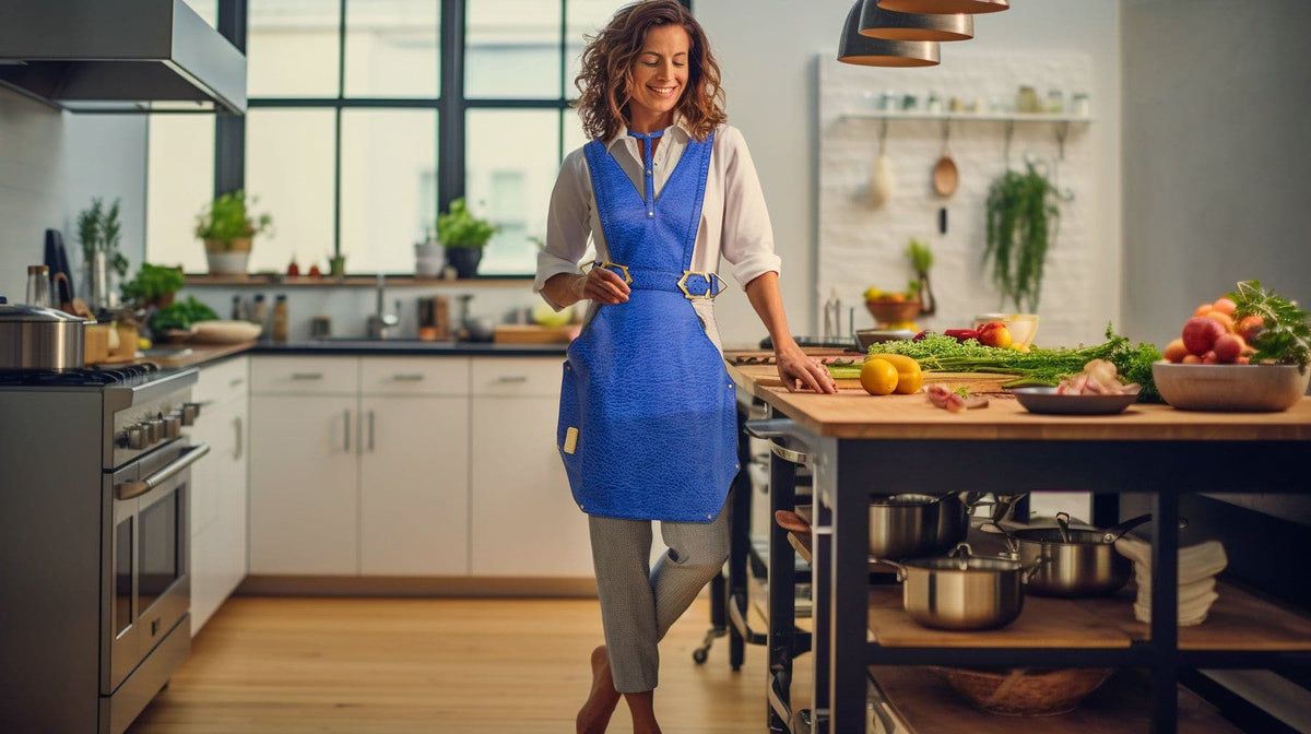 Blue leather ladies aprons on mannequin, white shirt