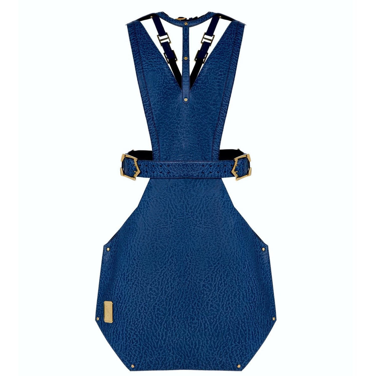 Eskandur women&#39;s blue leather luxury premium apron ghost mannequin front view