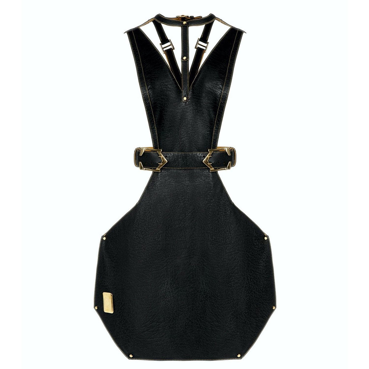 Eskandur women&#39;s black leather luxury premium apron ghost mannequin front view