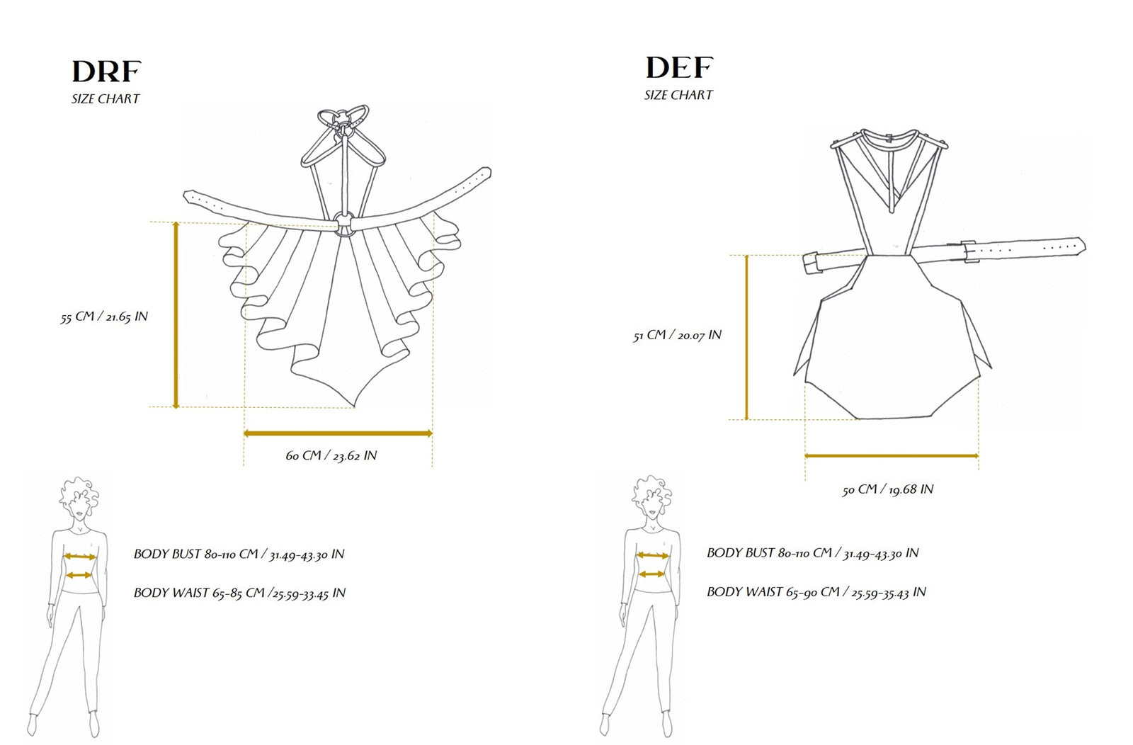 Size charts of Eskandur luxury premium DEF and DRF aprons