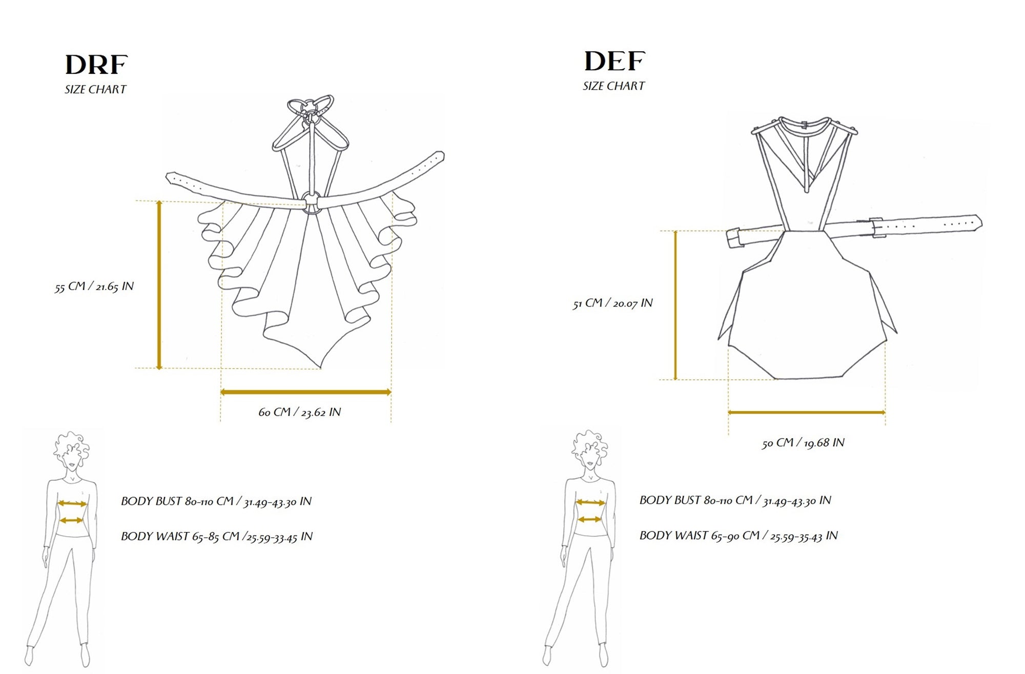 Size charts of Eskandur luxury premium DEF and DRF aprons