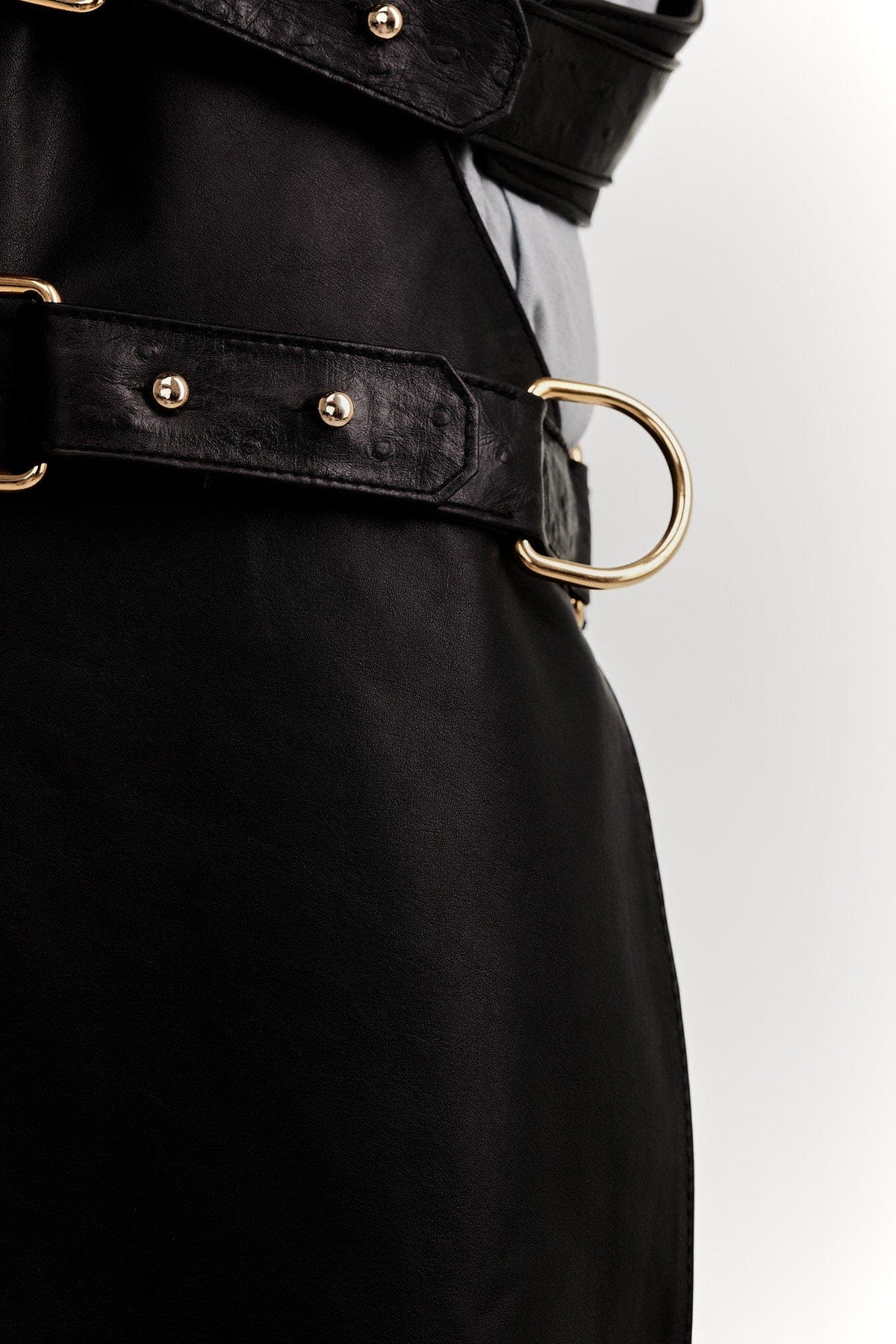 Eskandur men&#39;s black leather luxury premium apron zoom on the side with D-ring and gold collar buttons