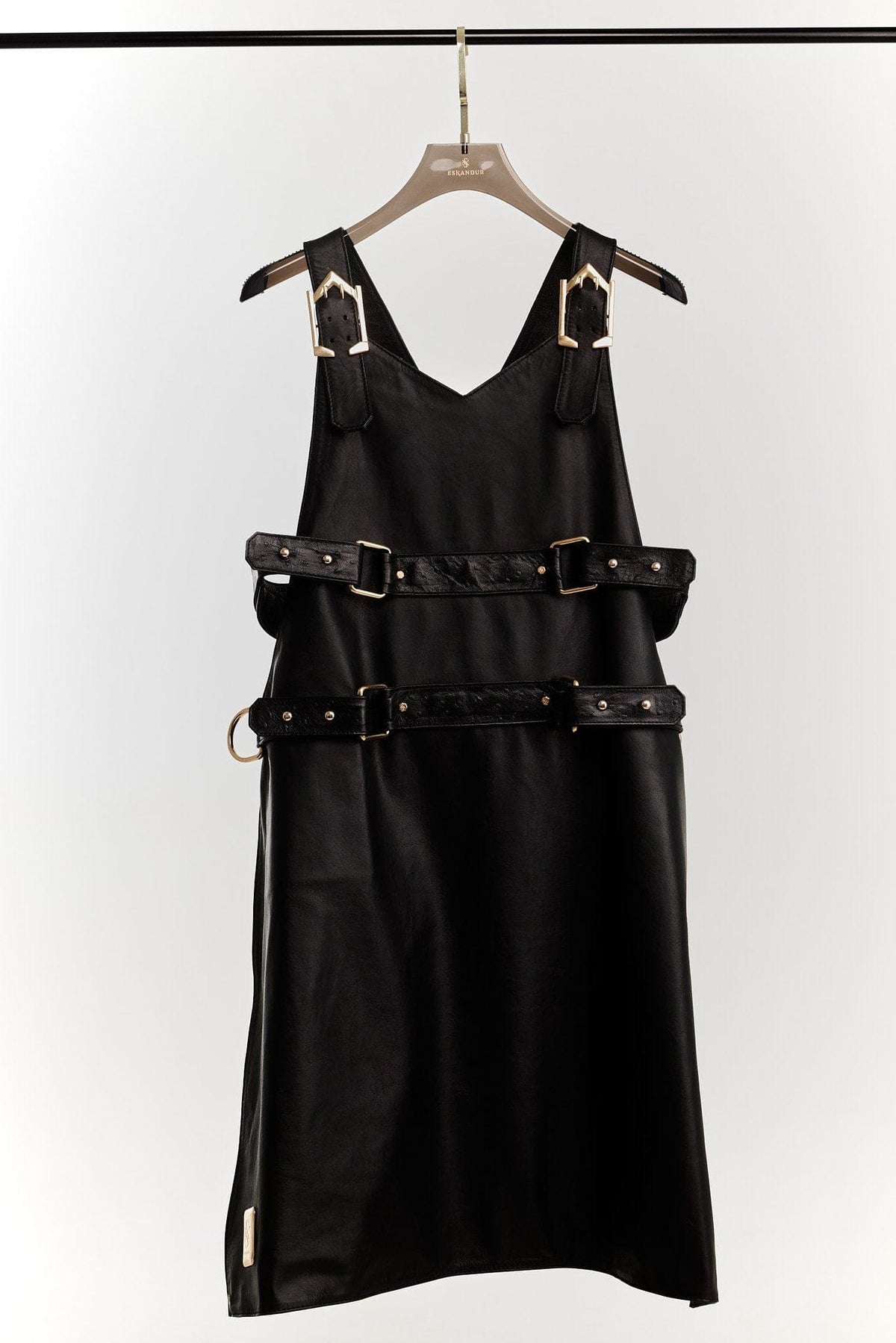 Eskandur men&#39;s black leather luxury premium apron ghost mannequin back view hanger