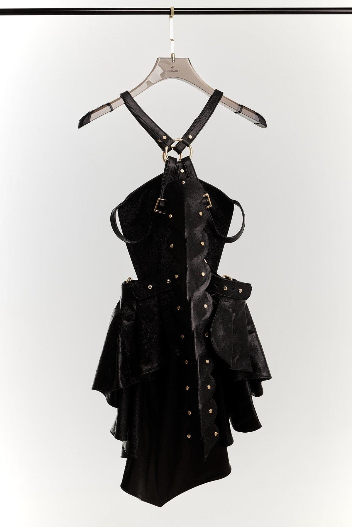 Eskandur women&#39;s black leather luxury premium apron ghost mannequin back picture tail hanger