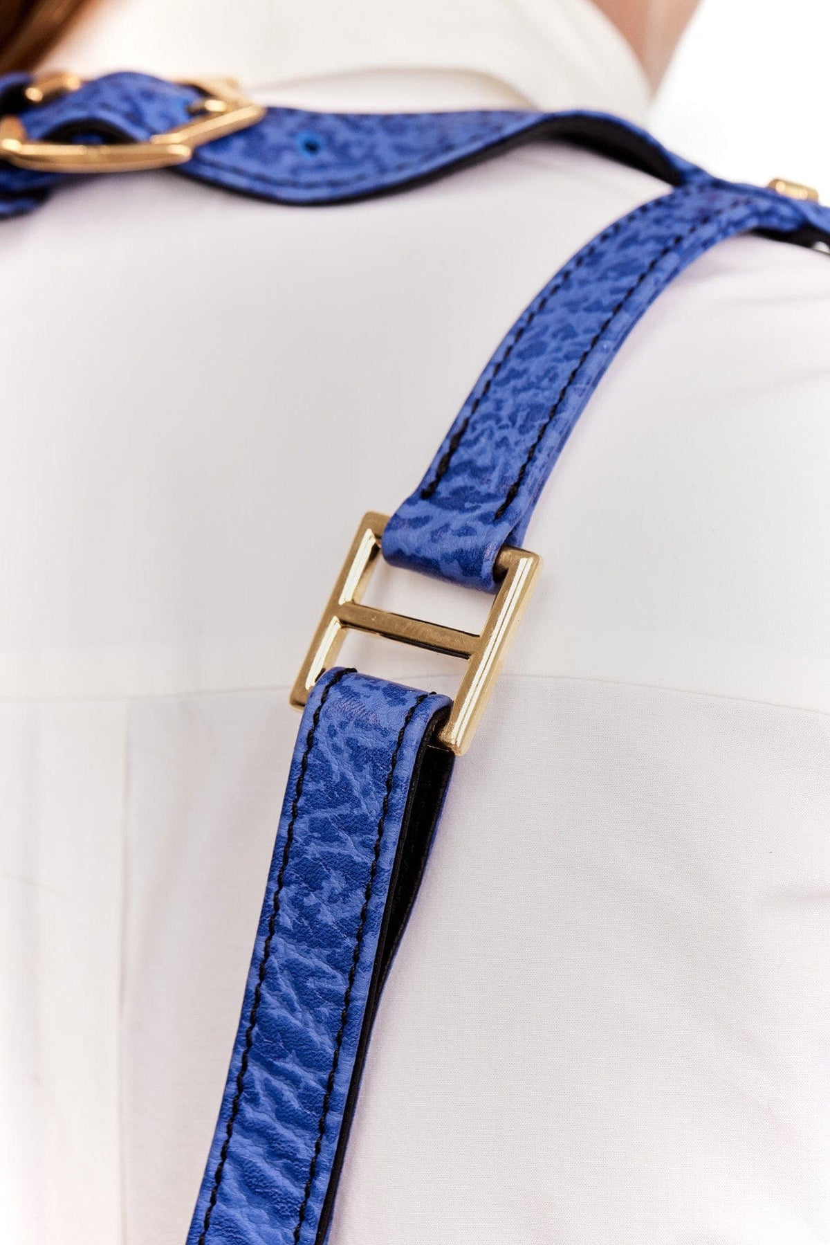 Eskandur women&#39;s blue leather luxury premium apron zoom on blue straps with gold color hardware
