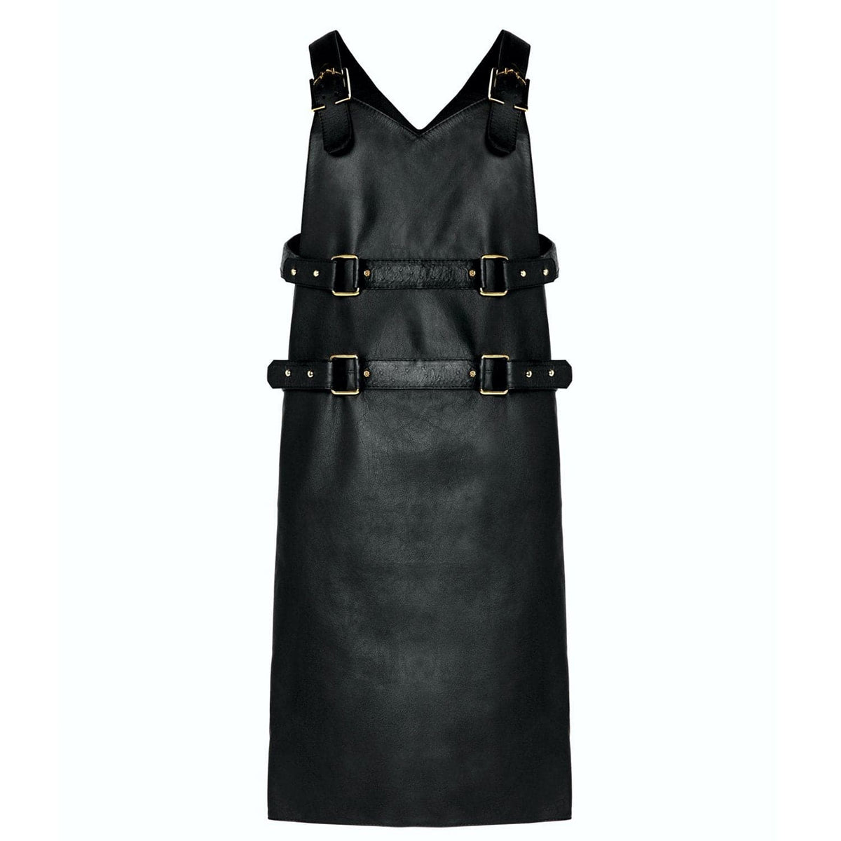 Eskandur men&#39;s black leather luxury premium apron ghost mannequin front view