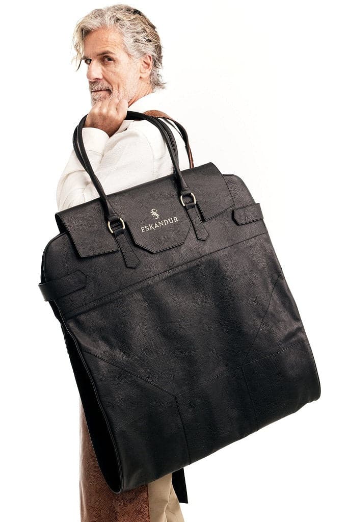 Eskandur luxury garment bag on shoulder  black leather 