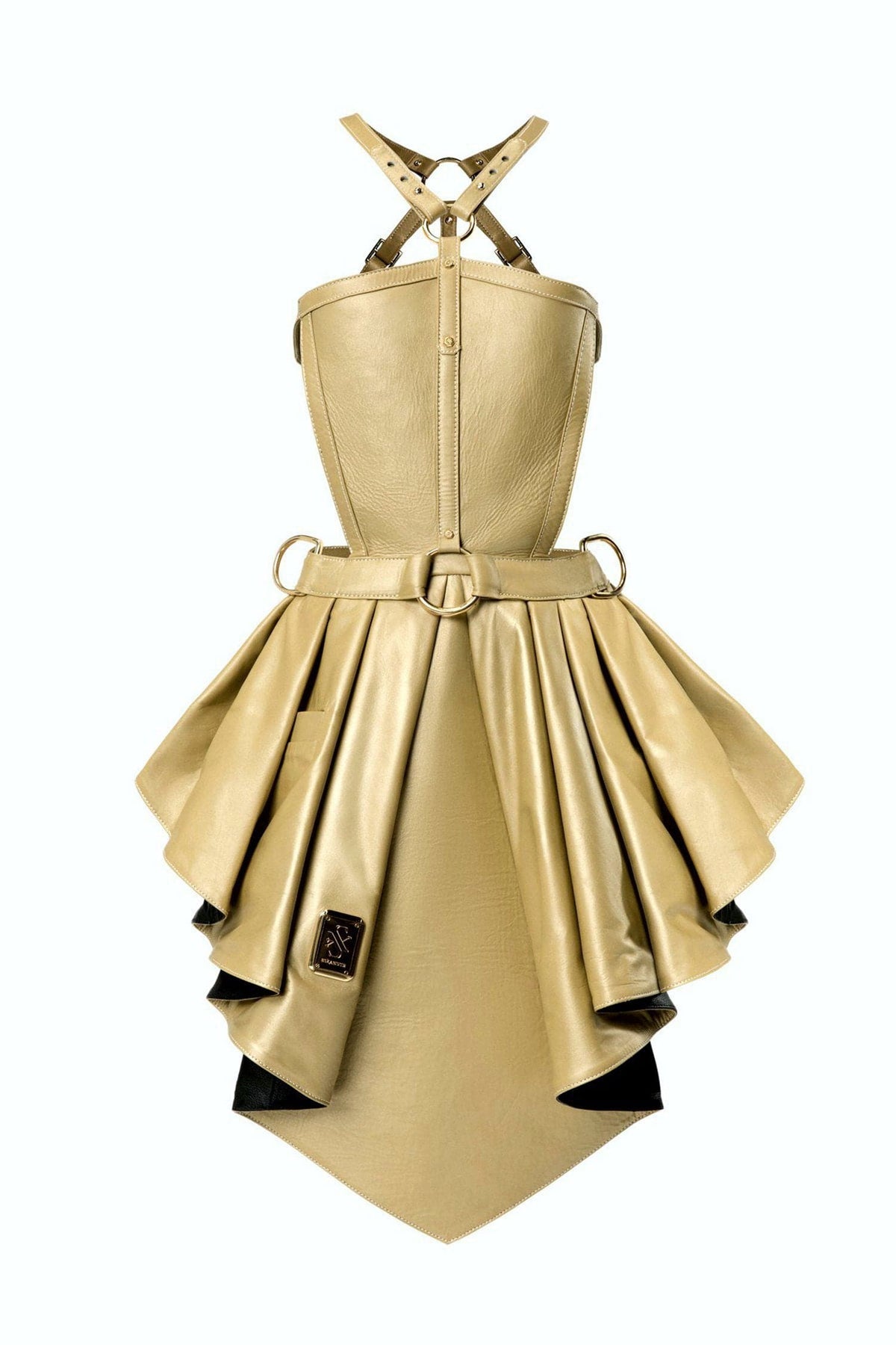 Eskandur women&#39;s gold leather luxury premium apron ghost mannequin front picture with hanger