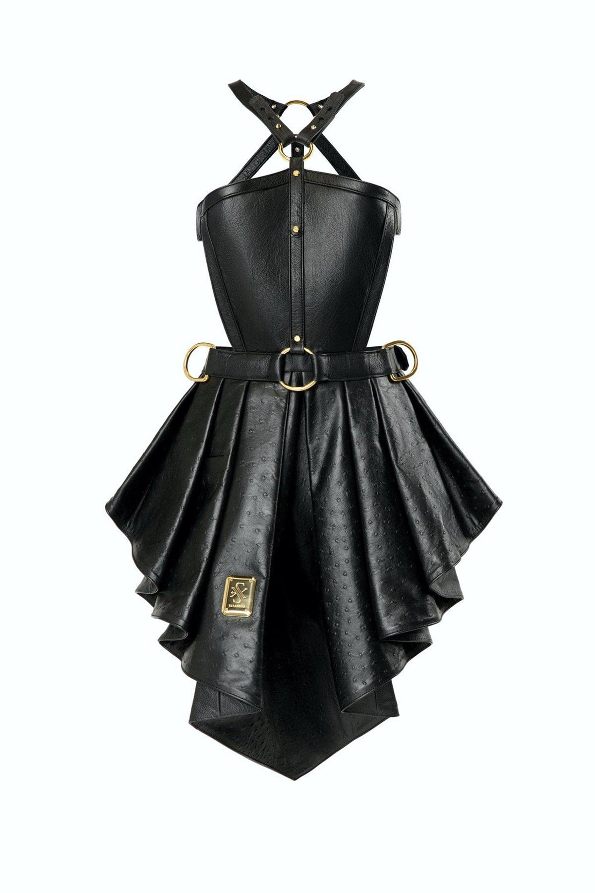 Eskandur women&#39;s black leather luxury premium apron ghost mannequin front view