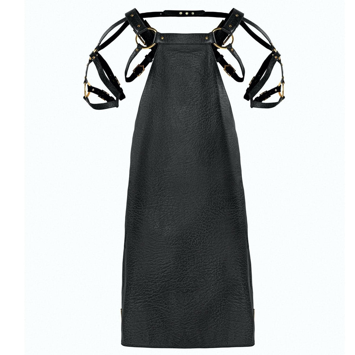 Eskandur men&#39;s black leather luxury premium apron ghost mannequin front view
