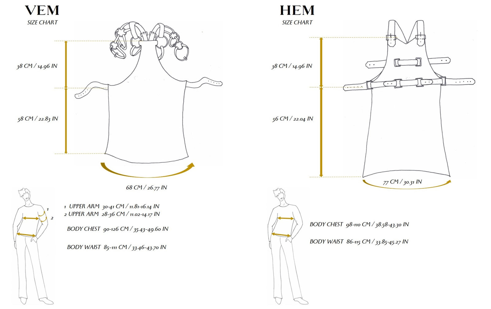 Size charts of Eskandur luxury premium VEM and HEM aprons
