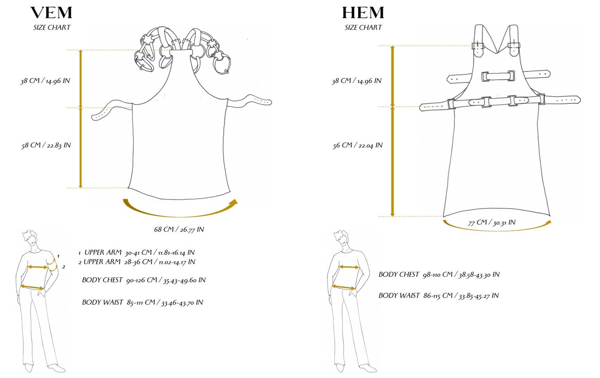 Size charts of Eskandur luxury premium VEM and HEM aprons